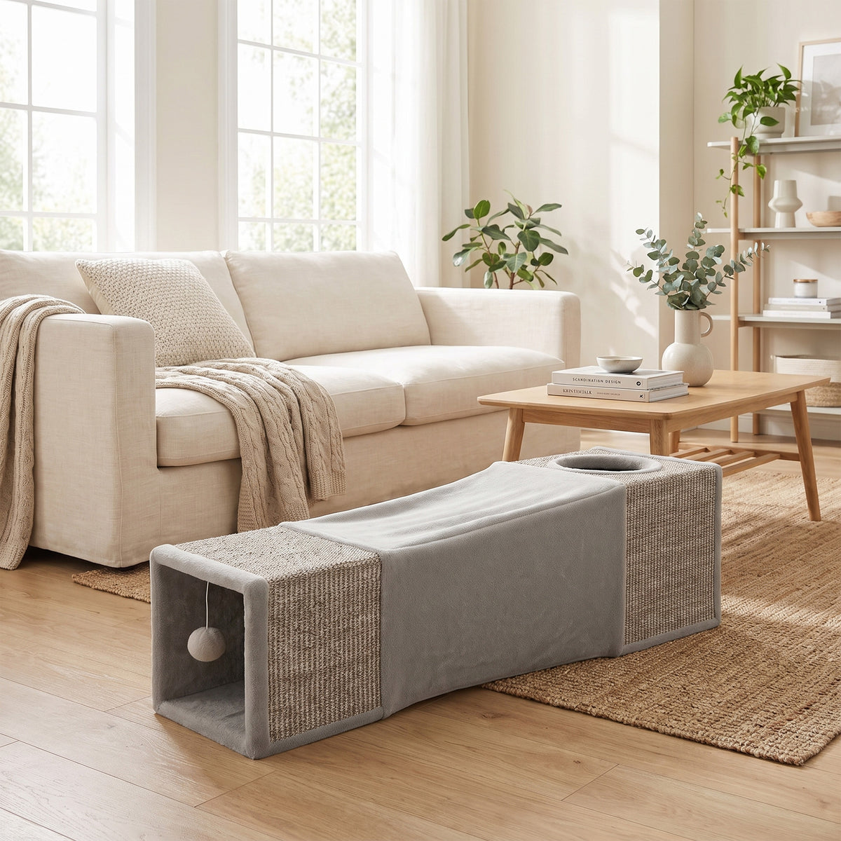 Tunnel pour chat intérieur jouets pour chats avec balle suspendue entrées multiples en sisal 98 x 30 x 30 cm gris