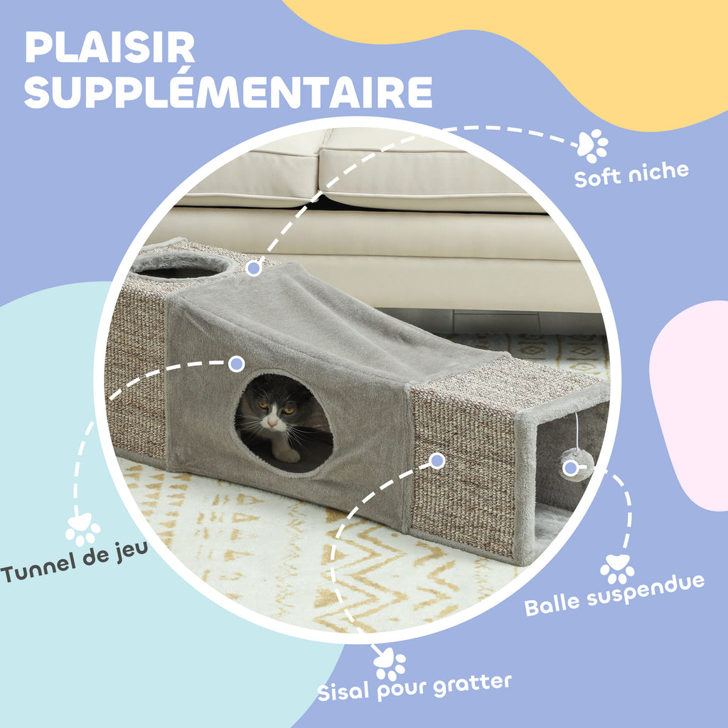 Tunnel pour chat intérieur jouets pour chats avec balle suspendue entrées multiples en sisal 98 x 30 x 30 cm gris