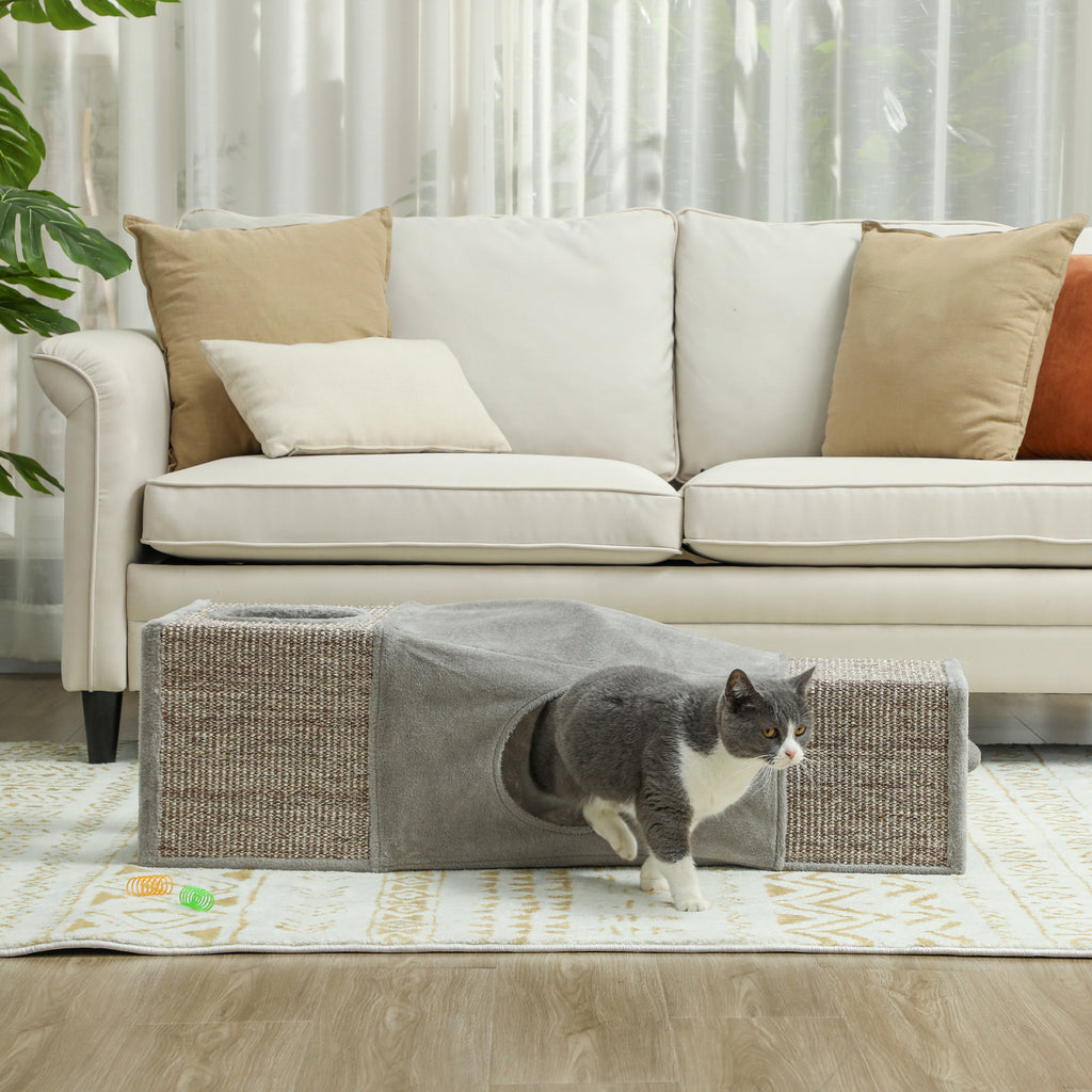 Tunnel pour chat intérieur jouets pour chats avec balle suspendue entrées multiples en sisal 98 x 30 x 30 cm gris