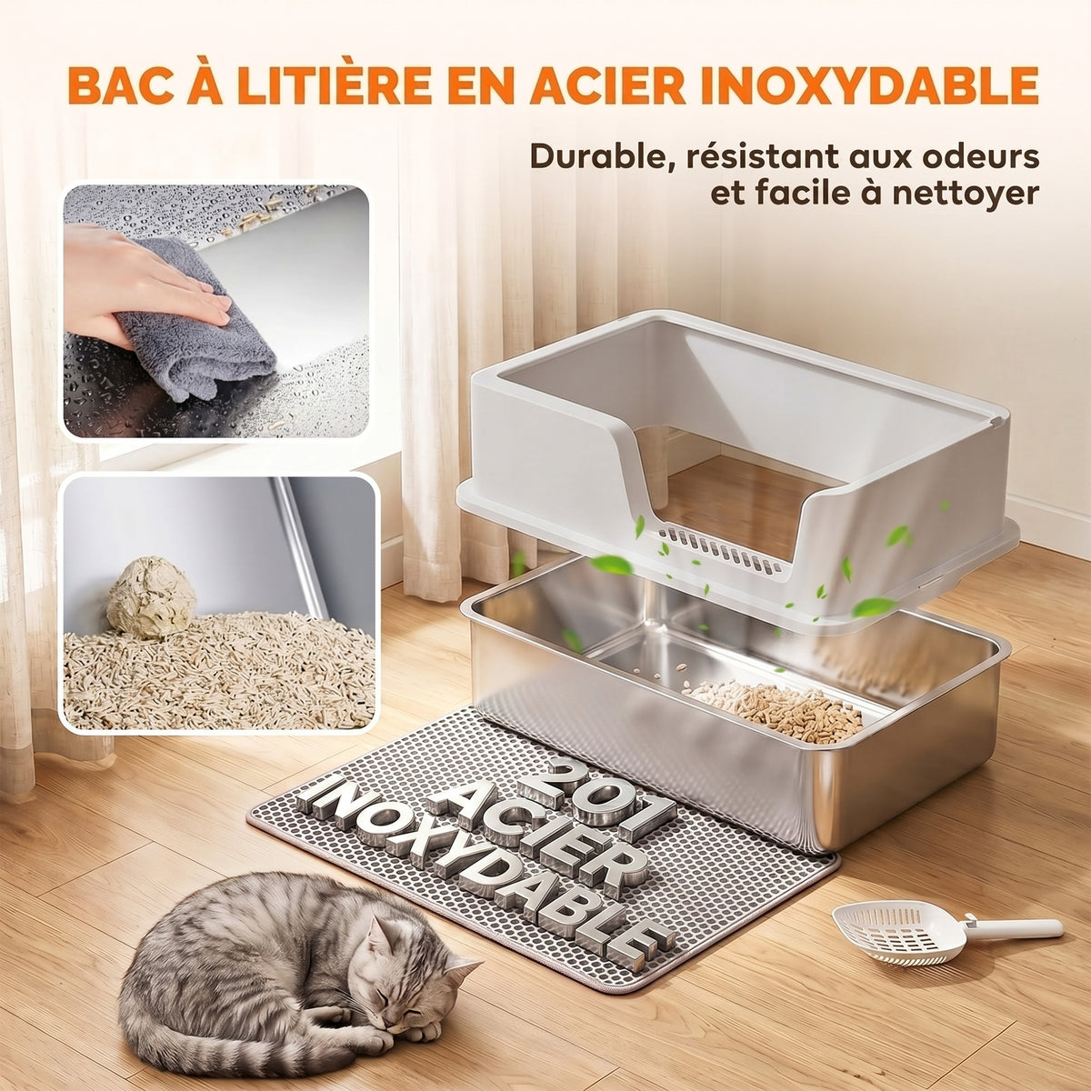Bac à Litière pour Chat en Inox avec Couvercle