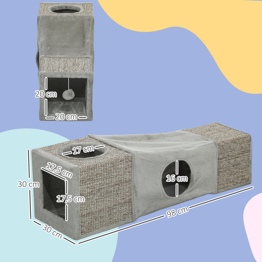 Tunnel pour chat intérieur jouets pour chats avec balle suspendue entrées multiples en sisal 98 x 30 x 30 cm gris