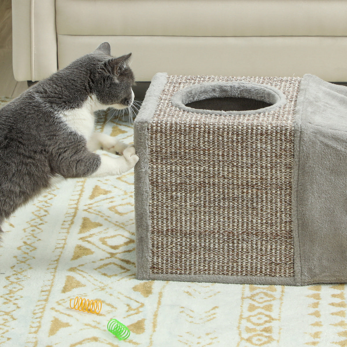 Tunnel pour chat intérieur jouets pour chats avec balle suspendue entrées multiples en sisal 98 x 30 x 30 cm gris